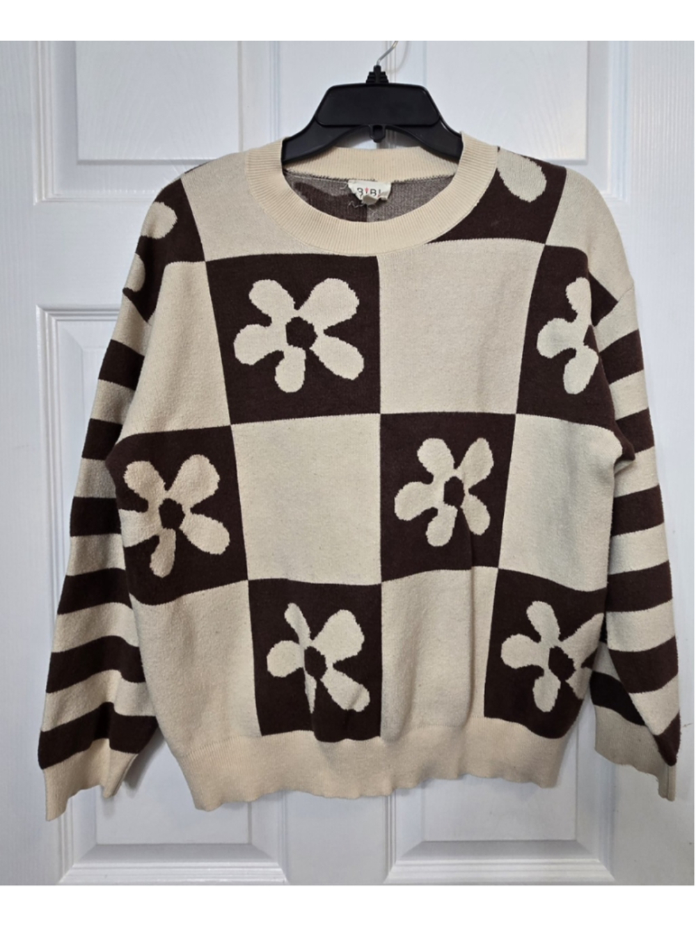 BiBi Retro Flower Checkerboard Knit Pullover Sweater S